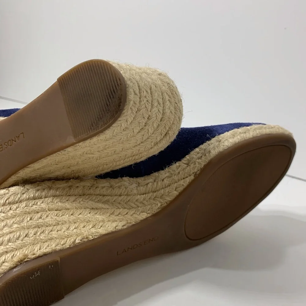 EUC Lands’ End Blue Suede Wedge Jute‎ Heel Sandals